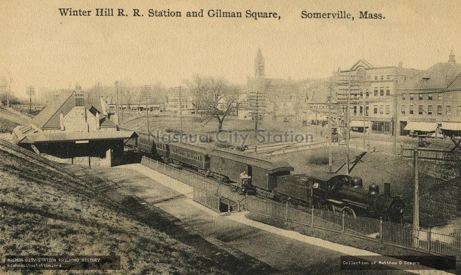 Postcard: Winter Hill Railroad Station and Gilman Square, Somerville, Massachusetts